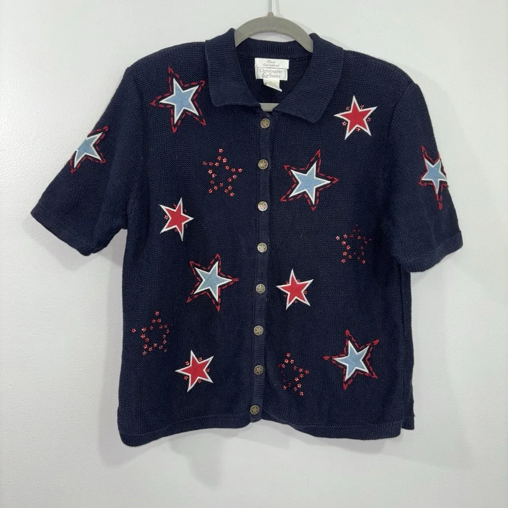 Christopher & Banks Womens Sweater Medium Blue Button Up Star Hand Embroidered